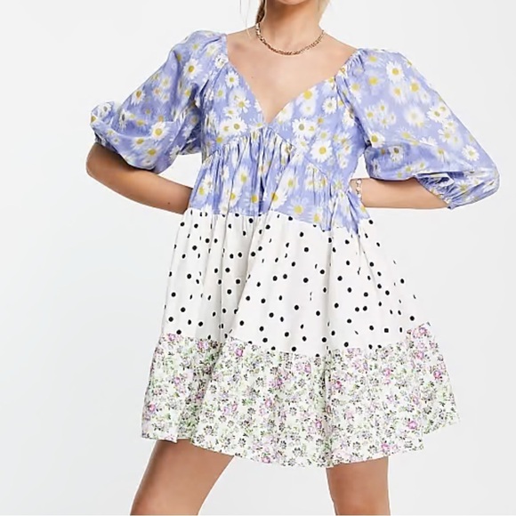ASOS Mixed Print Tiered Mini Dress Size 6 - Picture 2 of 9